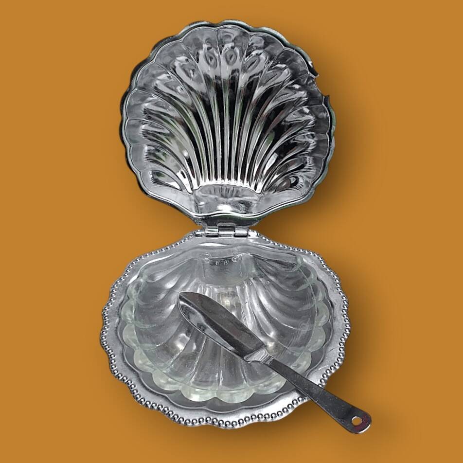 Vintage stainless steel and glass shell butter dish with knife