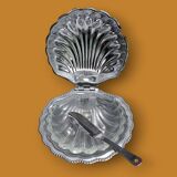 Vintage stainless steel and glass shell butter dish with knife