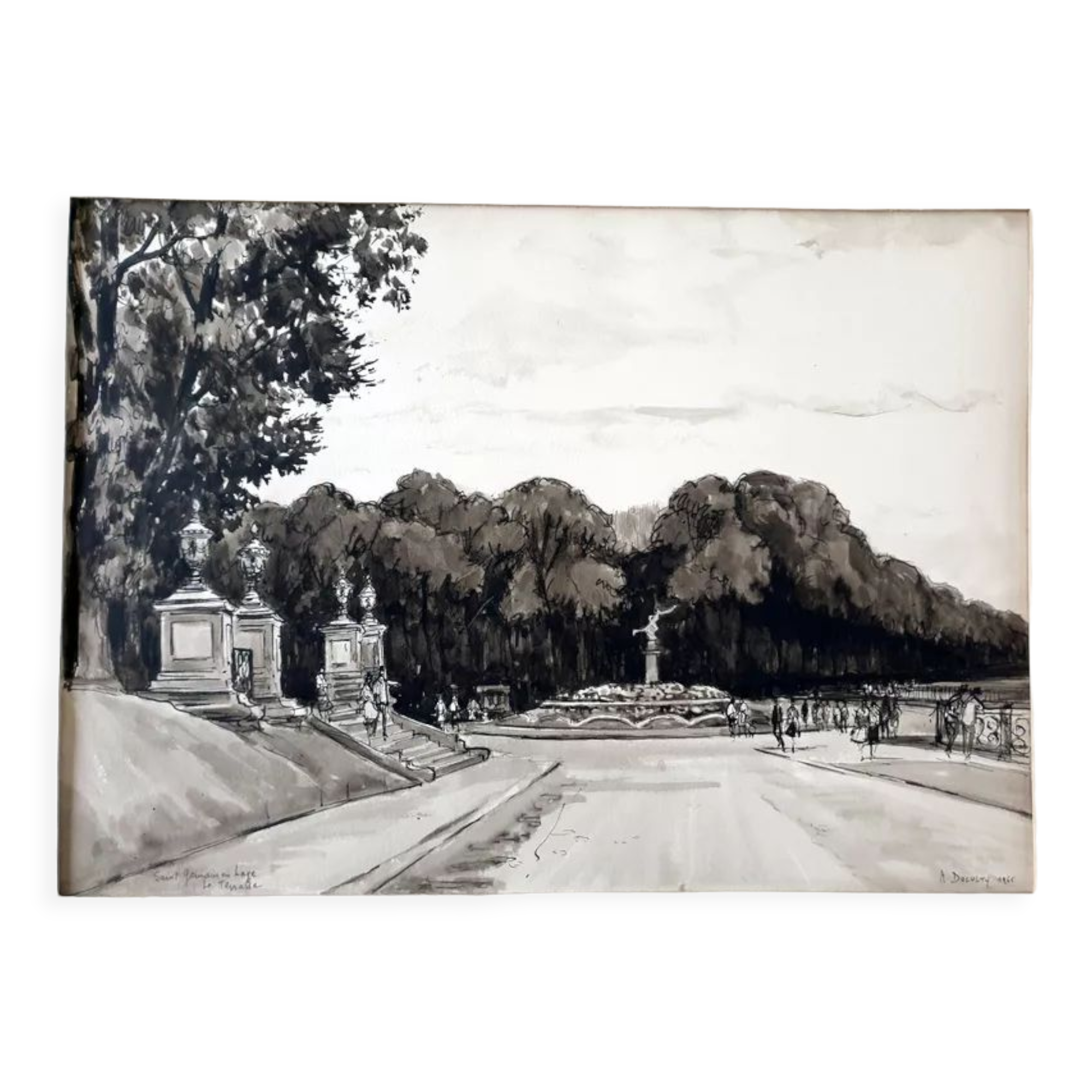 André Duculty (1912-1990) Ink wash on paper "Saint Germain en Laye, la terrasse" Signed