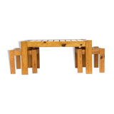 Scandinavian slatted pine coffee nesting table bench with stools or side tables, 1970s
