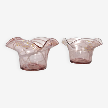 Pair Of Antique Salviati Murano Bubbly, Gold & Streaky Pink Glass Posy Bowls
