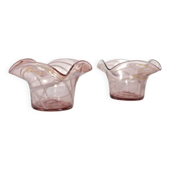 Pair Of Antique Salviati Murano Bubbly, Gold & Streaky Pink Glass Posy Bowls