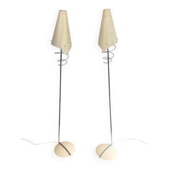 Pair of designer parquet floor lamps composed of lacquered metal and chrome bases and designer white plastic lampshades