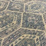 Geometric Kilim Rug, Bule Beige Contemporary Wool Carpet 195 x 128 cm