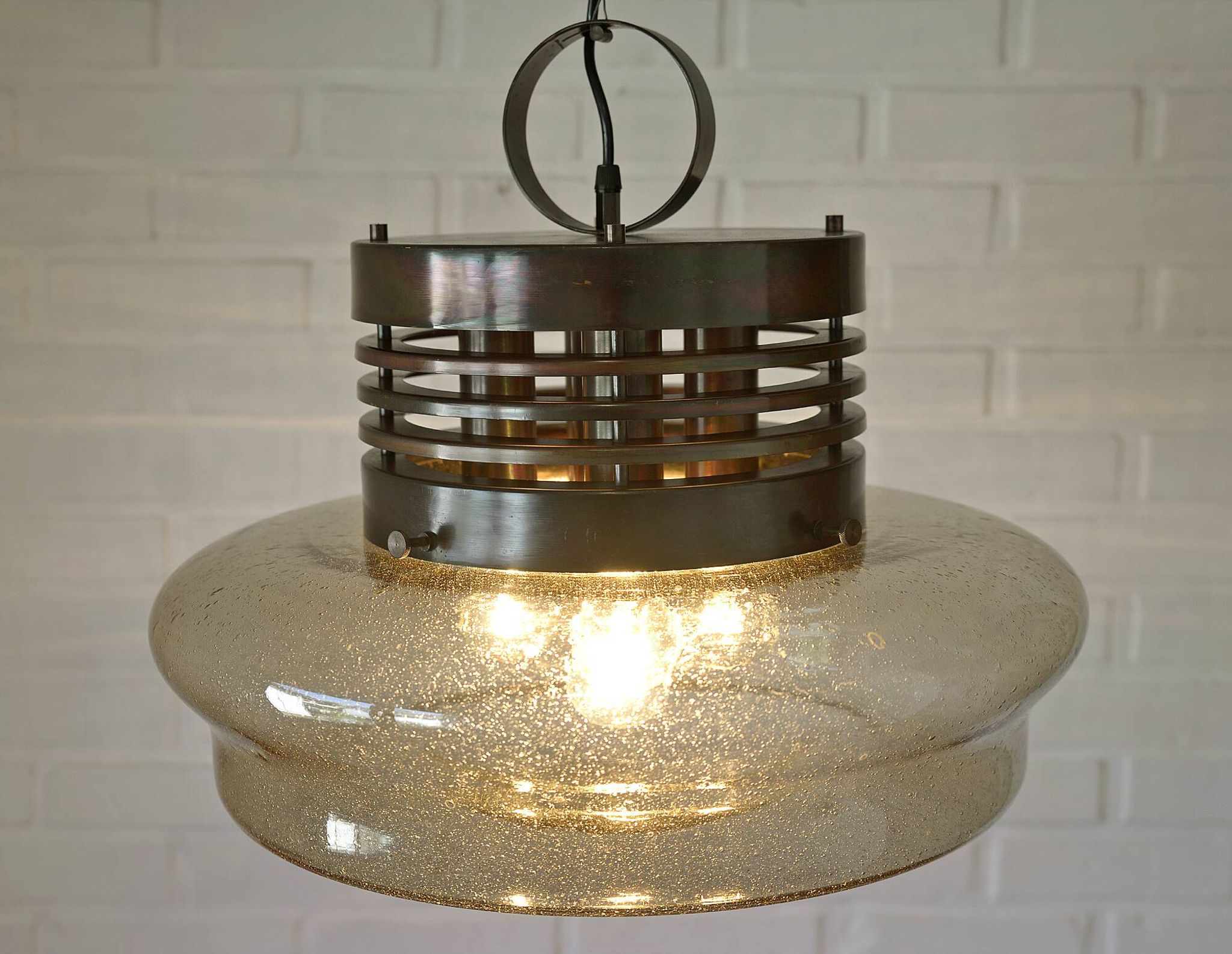 Vintage Brutalist Light X Large Glass Pendant Lamp Mid Century Modern 1980