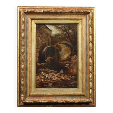 Old painting "Glimpse of a Landscape" oil on hardboard 1887