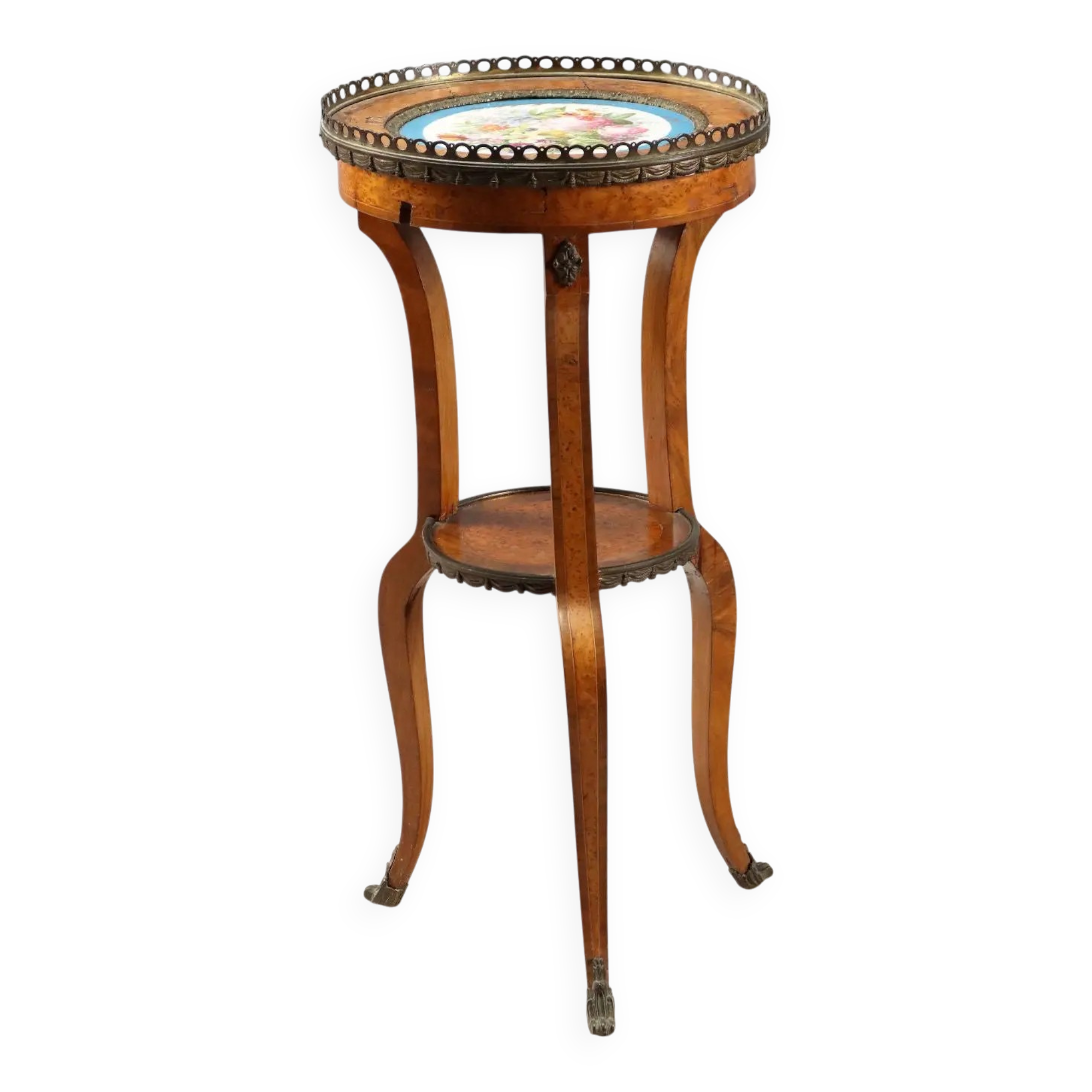 Antique walnut coffee table with painted ceramic insert, 20th century.