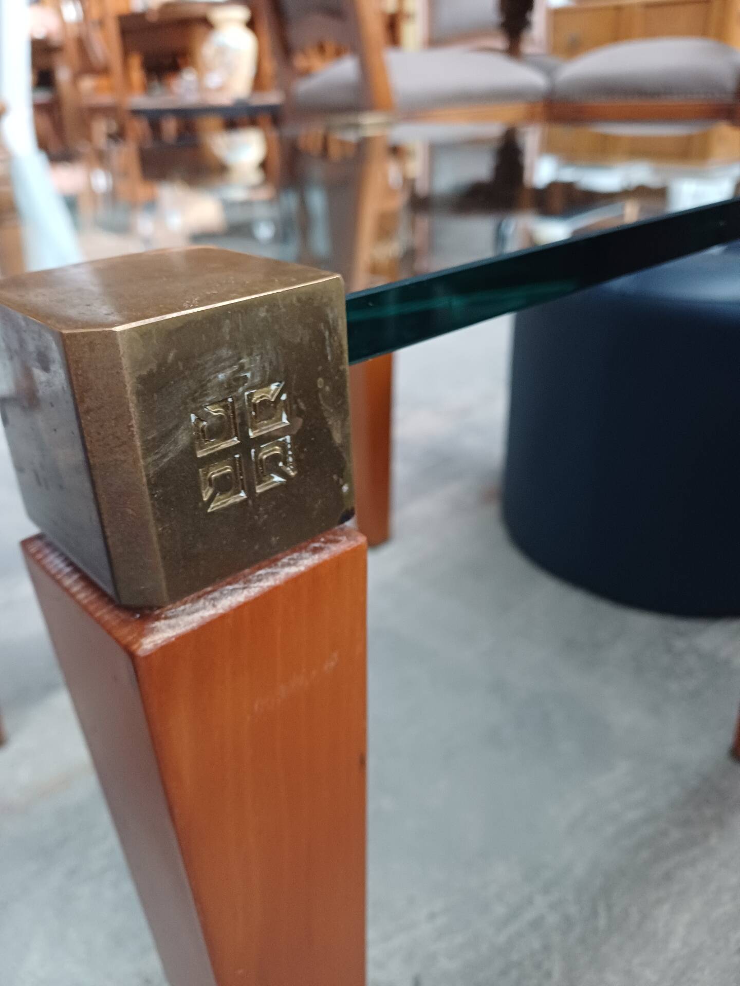 Modernist Design Side Table + 2 Blue Leather Poufs
