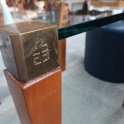 Modernist Design Side Table + 2 Blue Leather Poufs