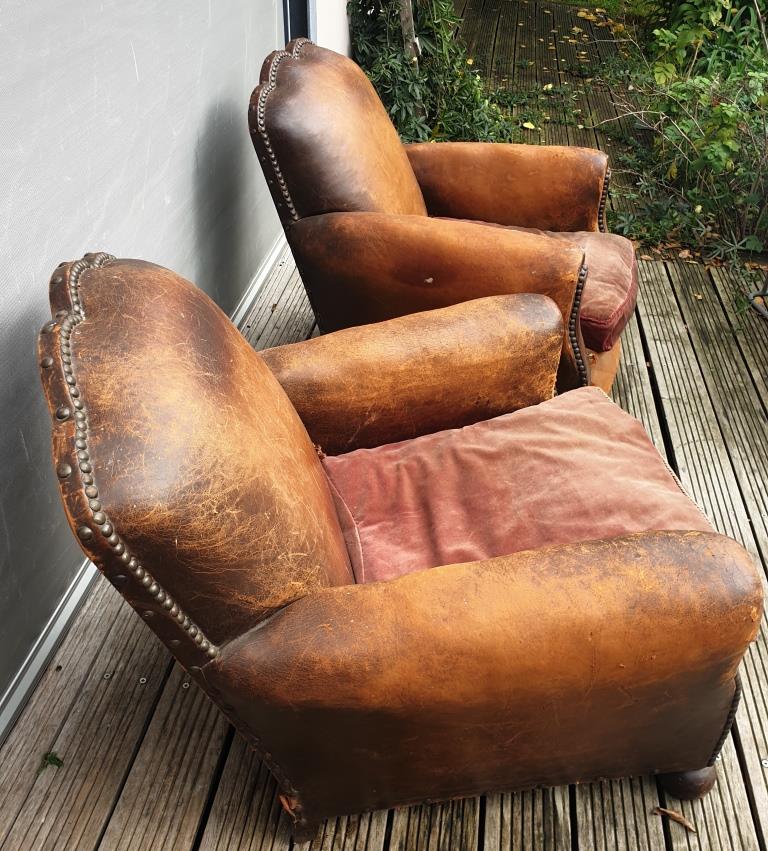 Pair armchairs club leather "punk" back mustache