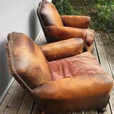 Pair armchairs club leather "punk" back mustache