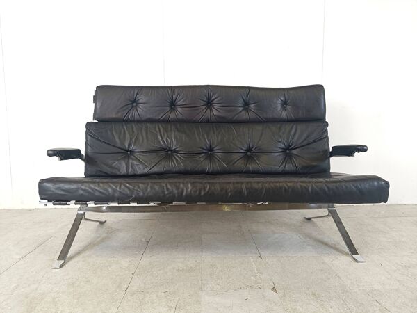 Canapé vintage en cuir noir et chrome, années 1970