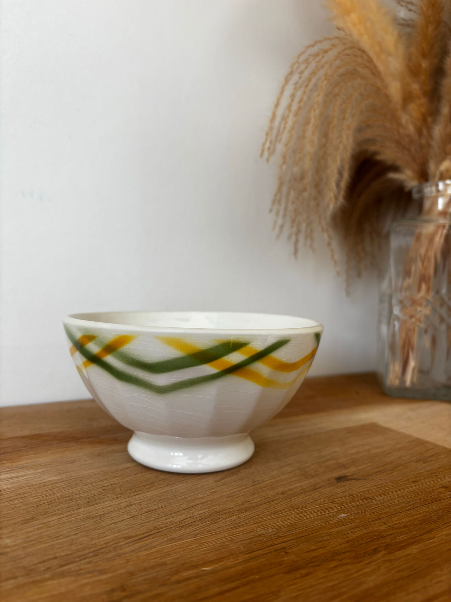 Ancien bol à facettes imprimé torchon jaune et vert