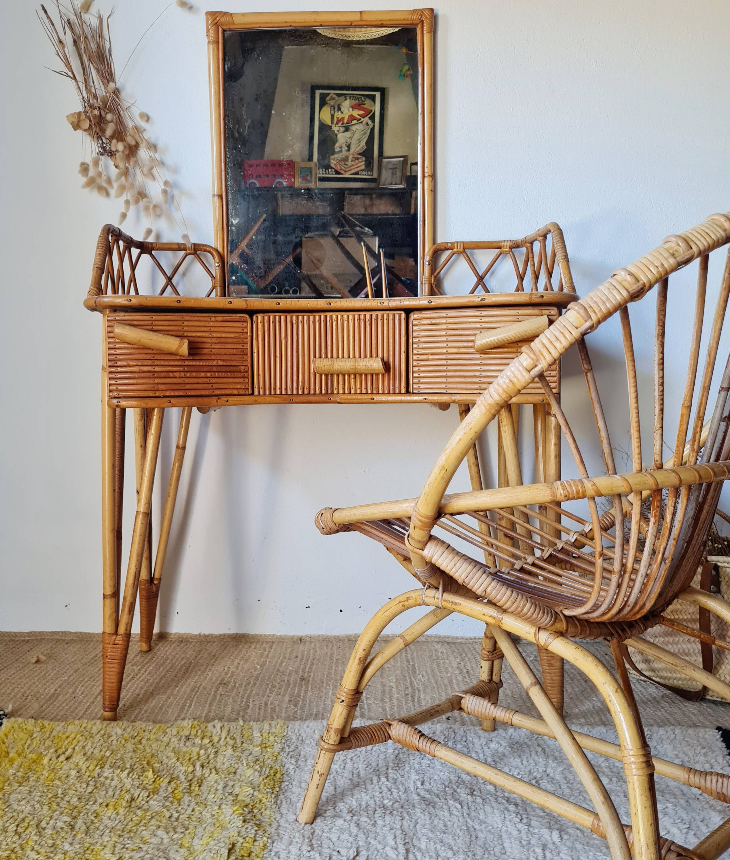 Rattan and bamboo dressing table with mirror – 1960s