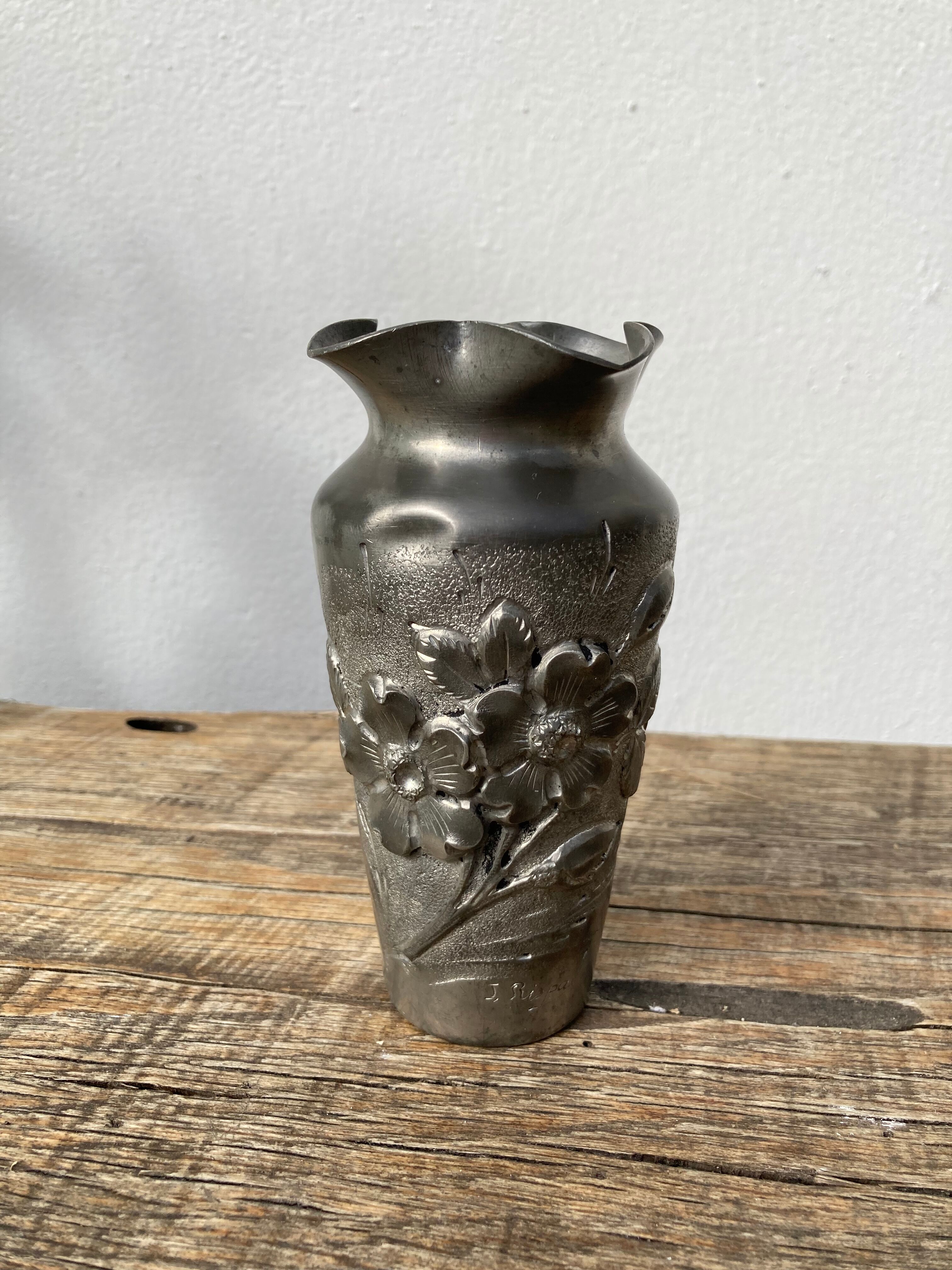 Art nouveau era pewter vase signed Jules Louis Rispal