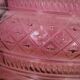 Vintage pink pressed glass carafe – retro decorative bottle with wooden stopper.