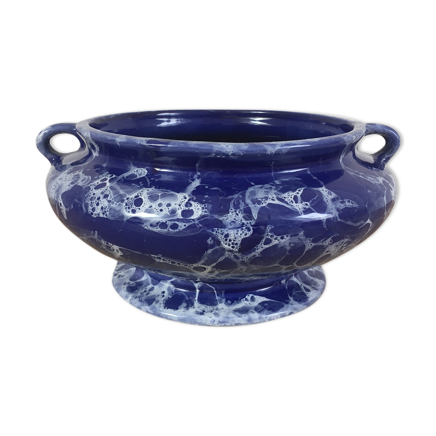 Blue & white marbled ceramic vase, pot cover
