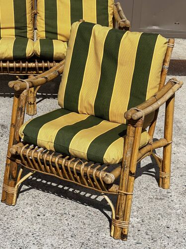 Ensemble canapé et 2 fauteuils en bambou Italie 1960