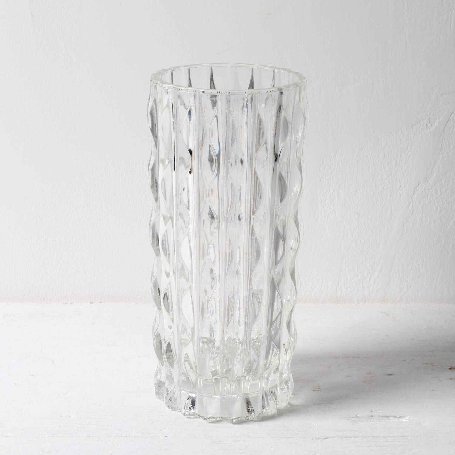 Vintage Solid Heavy Clear Hand Pressed Glass Flower Vase / Fidenza / Italy