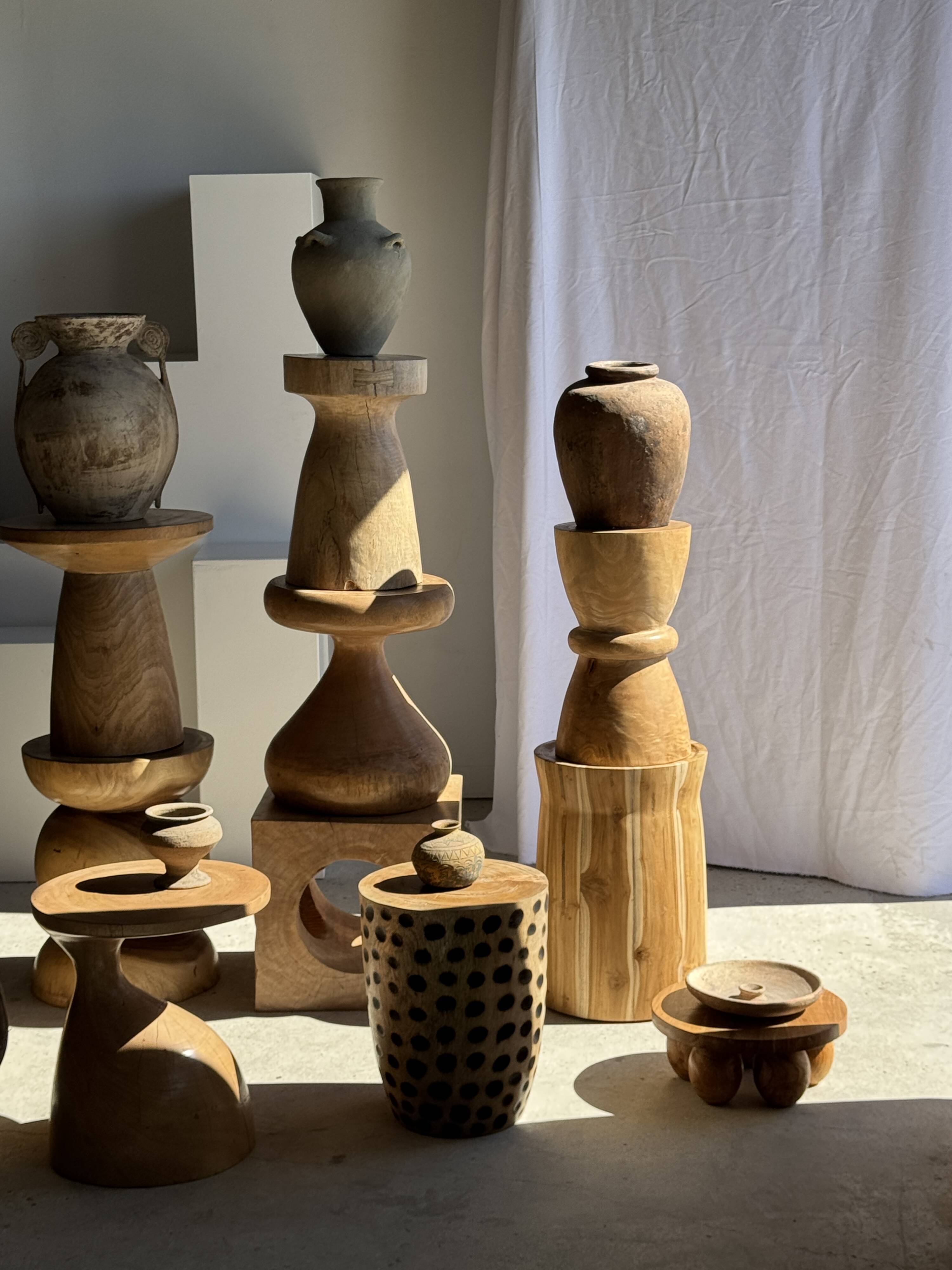 Stool, side table, cylindrical solid mango wood end table.