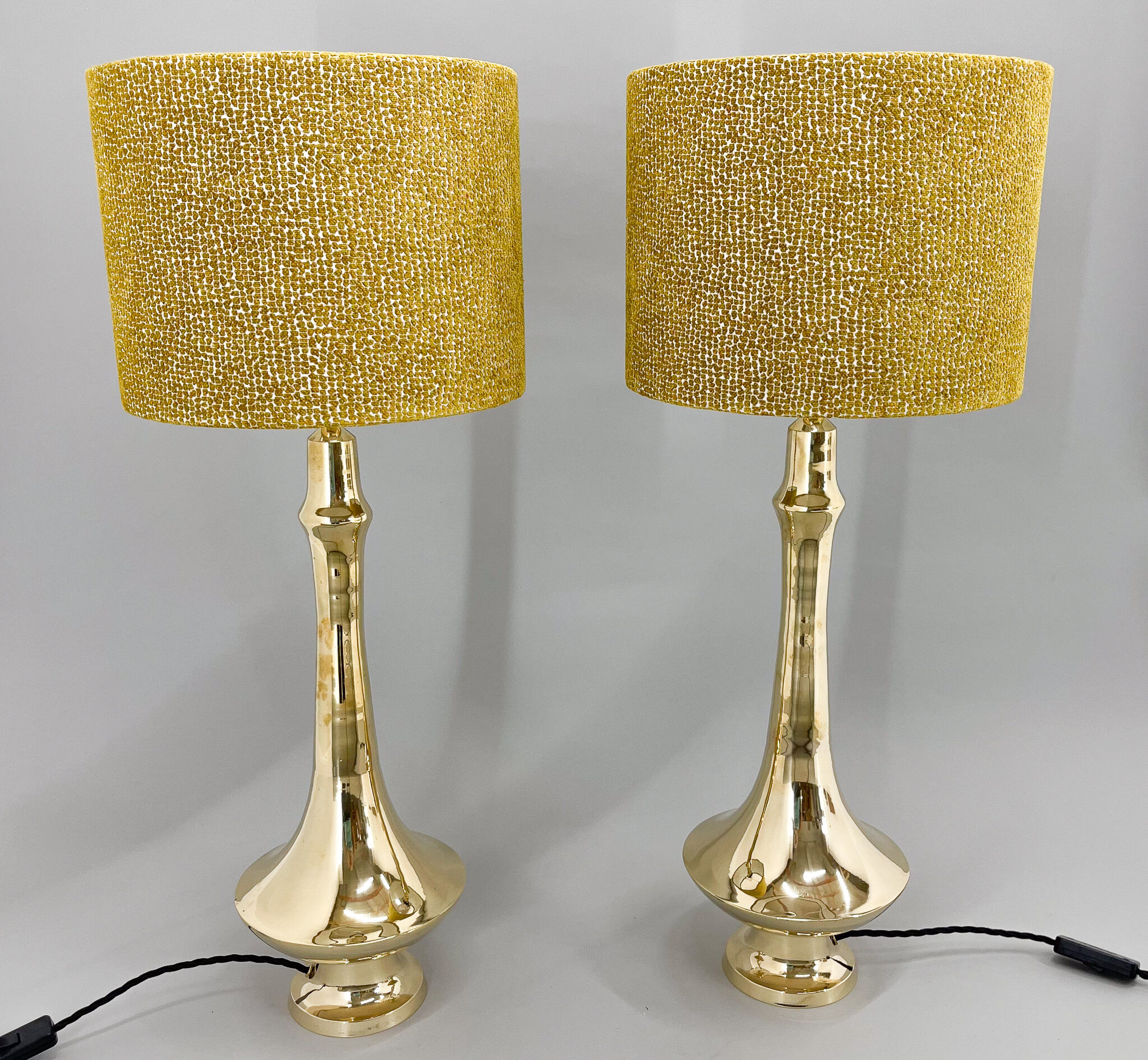 Pair of tall brass table lamps, 1950s, restored