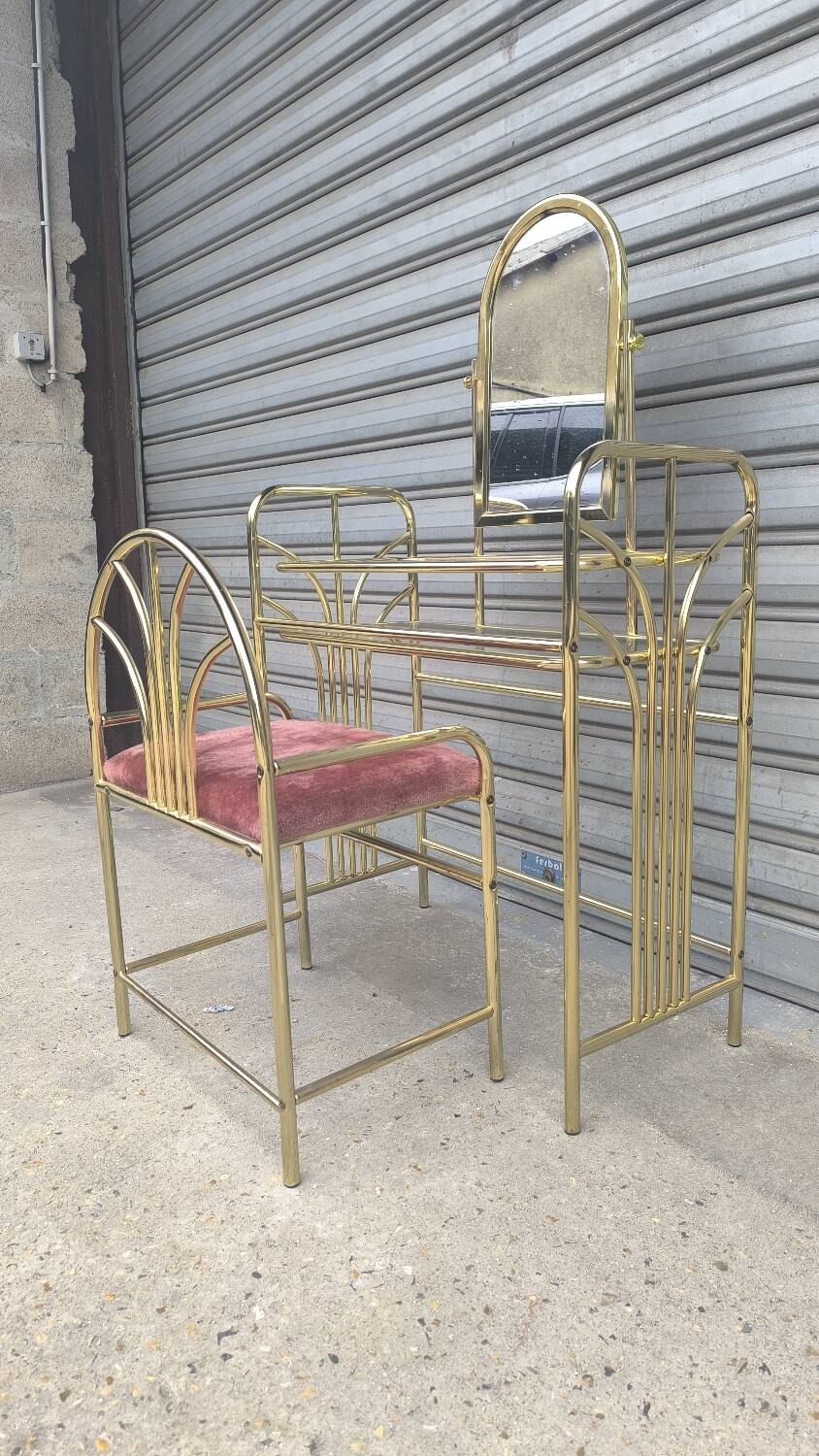 Gold metal dressing table and seat, Italy 1980