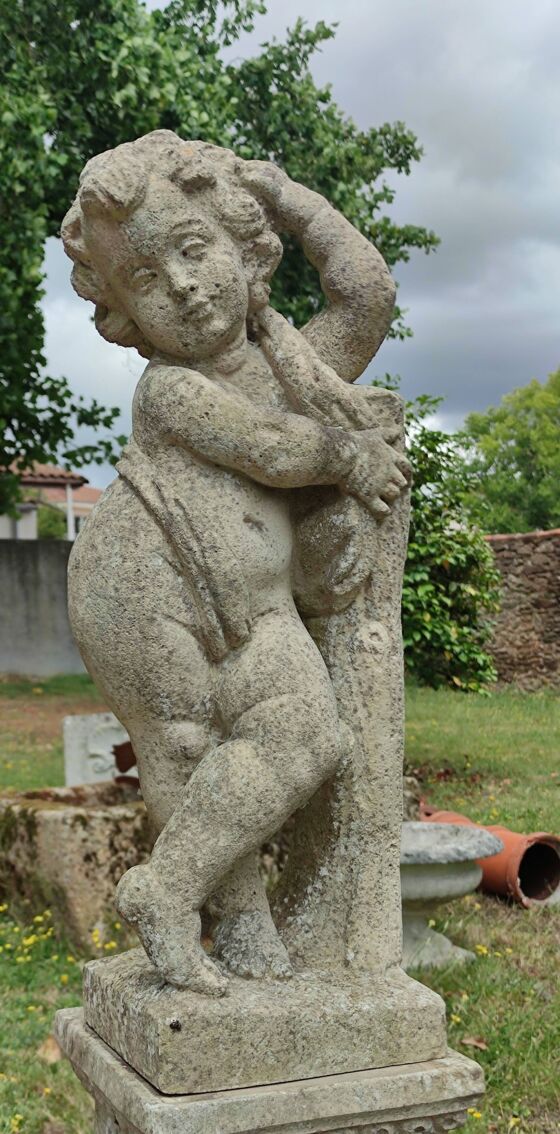 Ancienne Statue Jardin petit garçon/statue Putti/extérieur ancien/jardin  vintage Gris