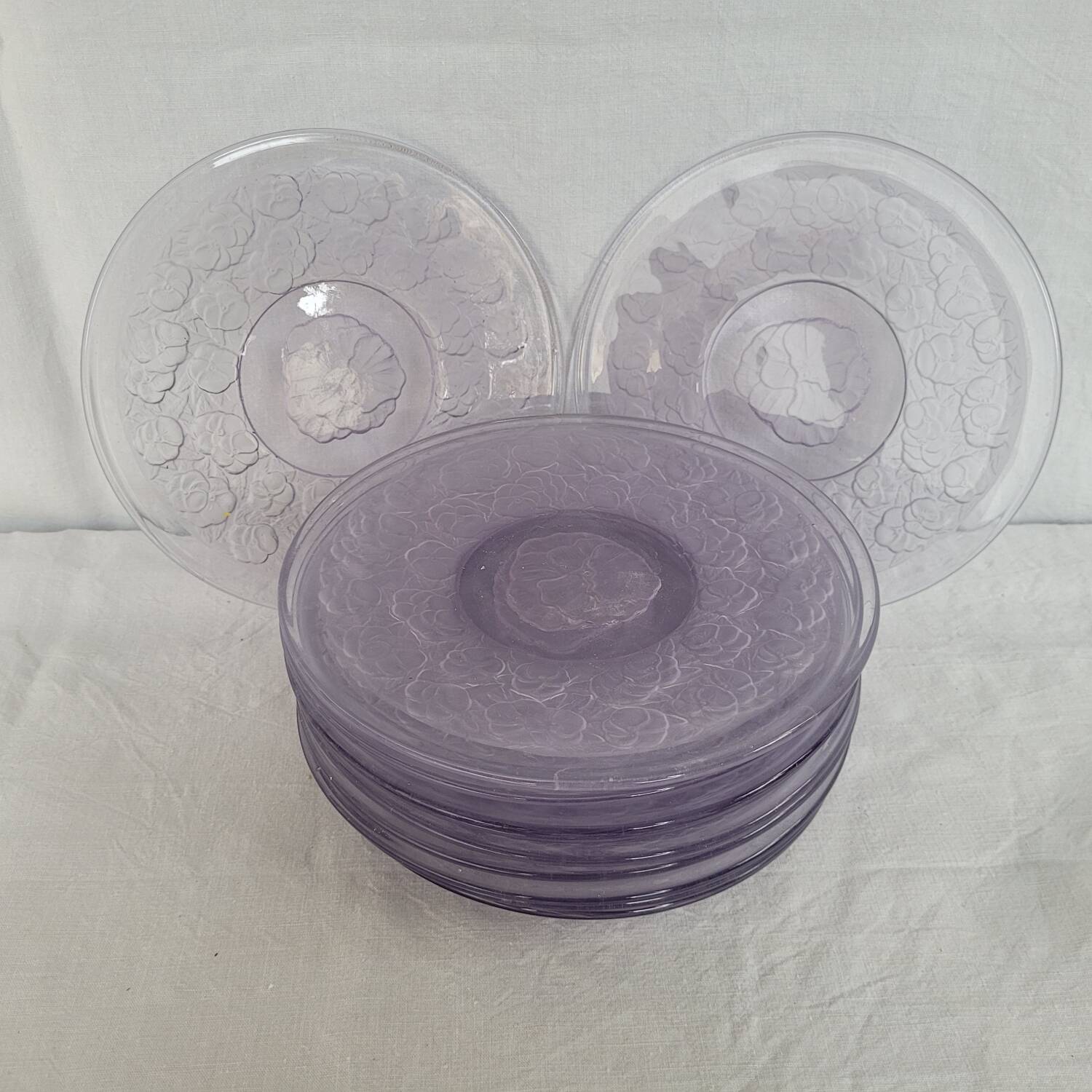 Moulded glass dessert plates – floral pattern – 1930s–1950s