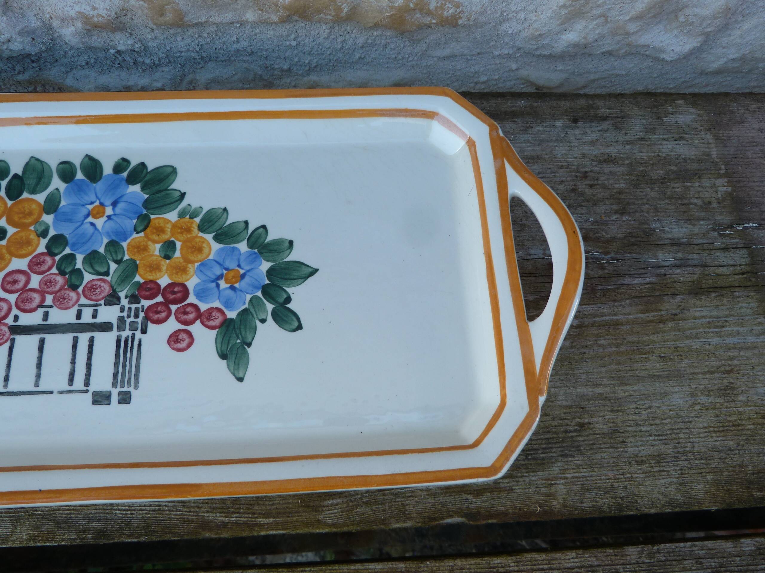 Vintage Long Ceramic Dish Art Deco Flowers