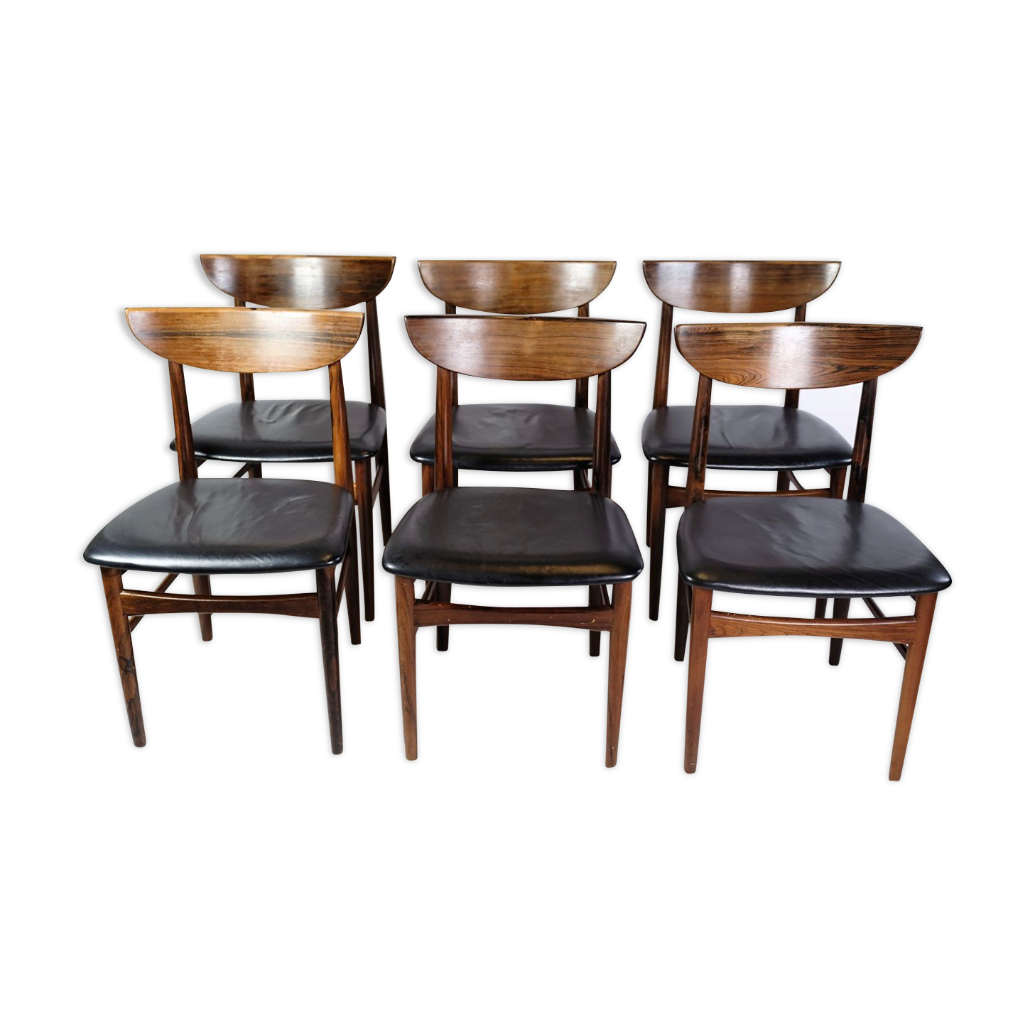 Set of Six Dining Table Chairs of Danish Design in Rosewood with Black Leather
