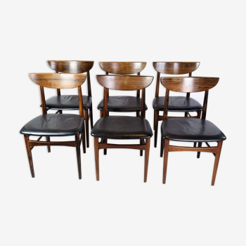 Ensemble de six chaises de table à manger de design danois en palissandre avec cuir noir