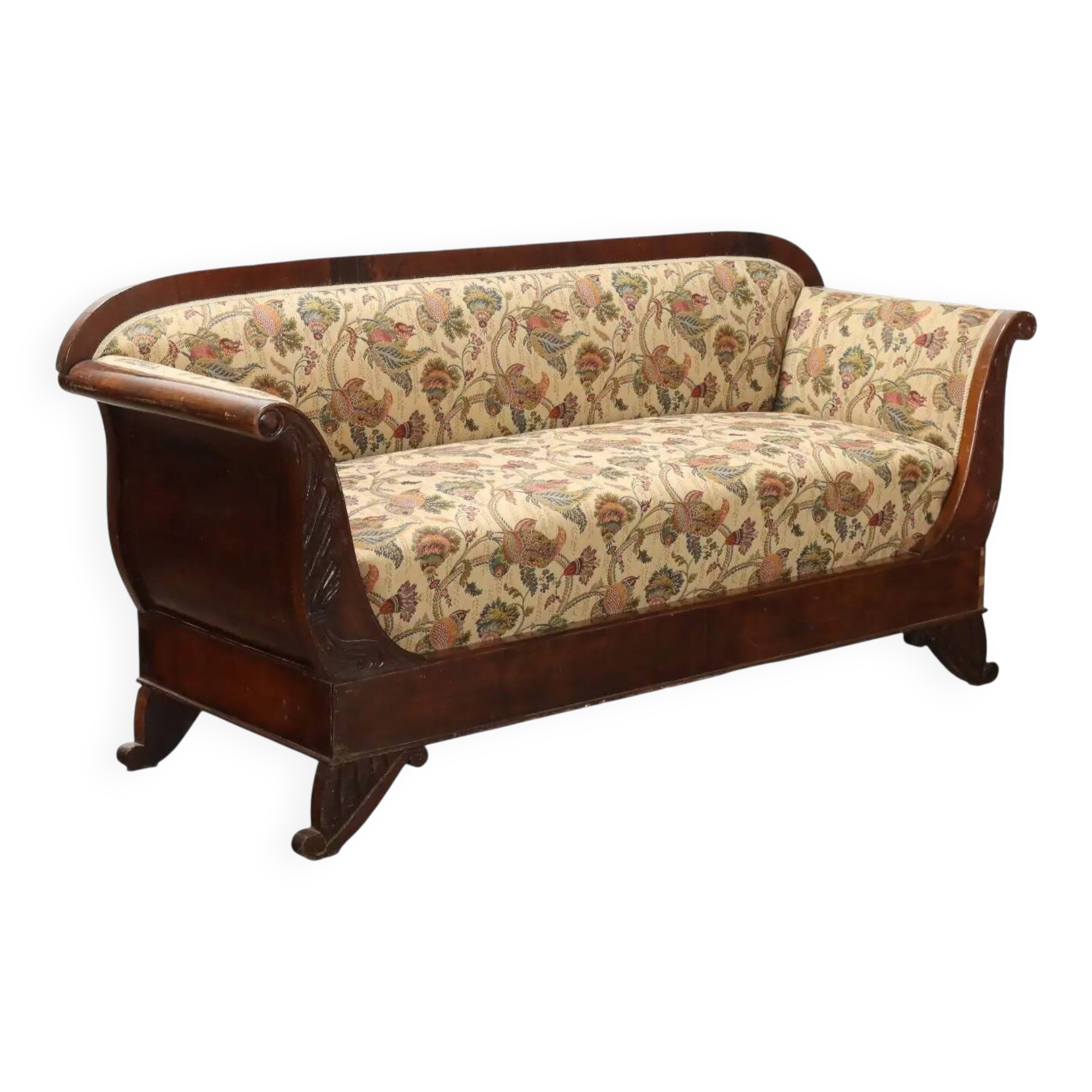 Antique Louis-Philippe canapé in walnut and fabric, Italy, 19th century