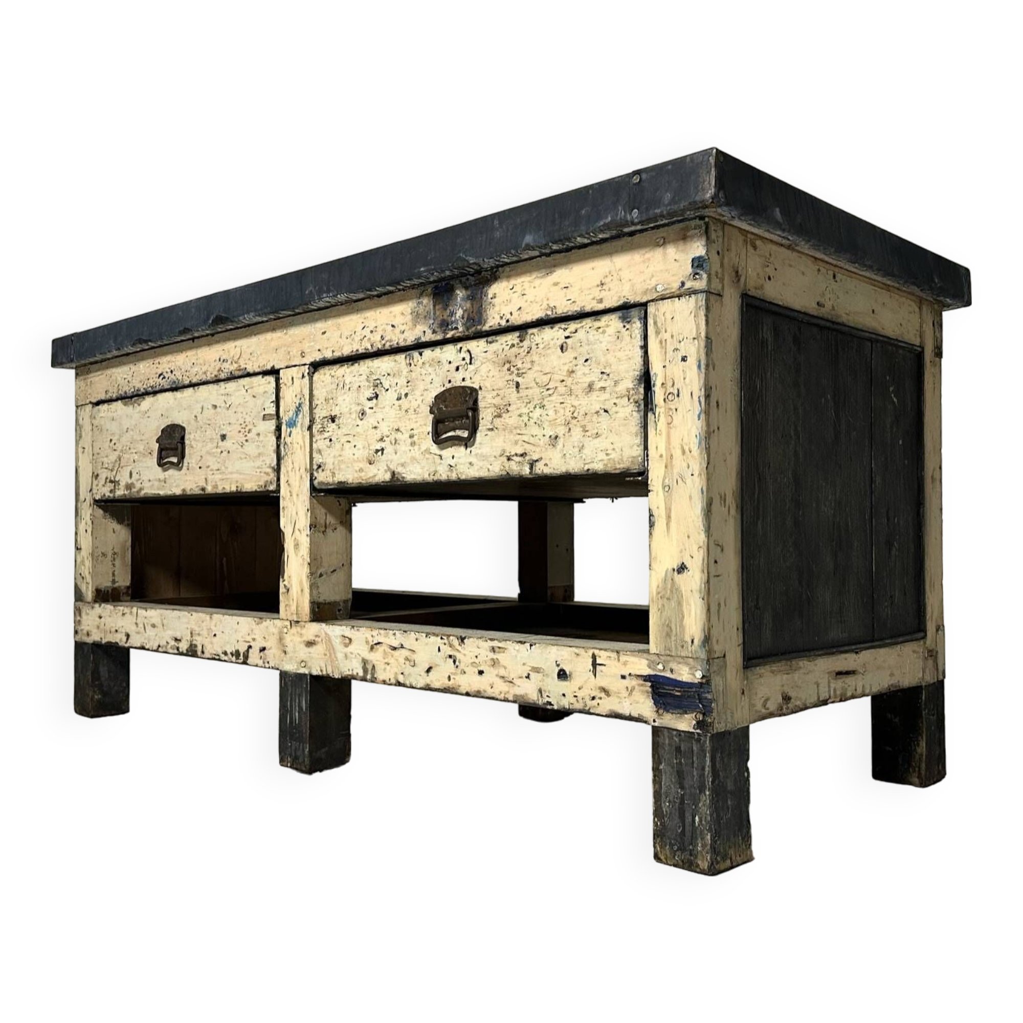 Îlot de cuisine d'établi antique avec dessus en zinc | Selency