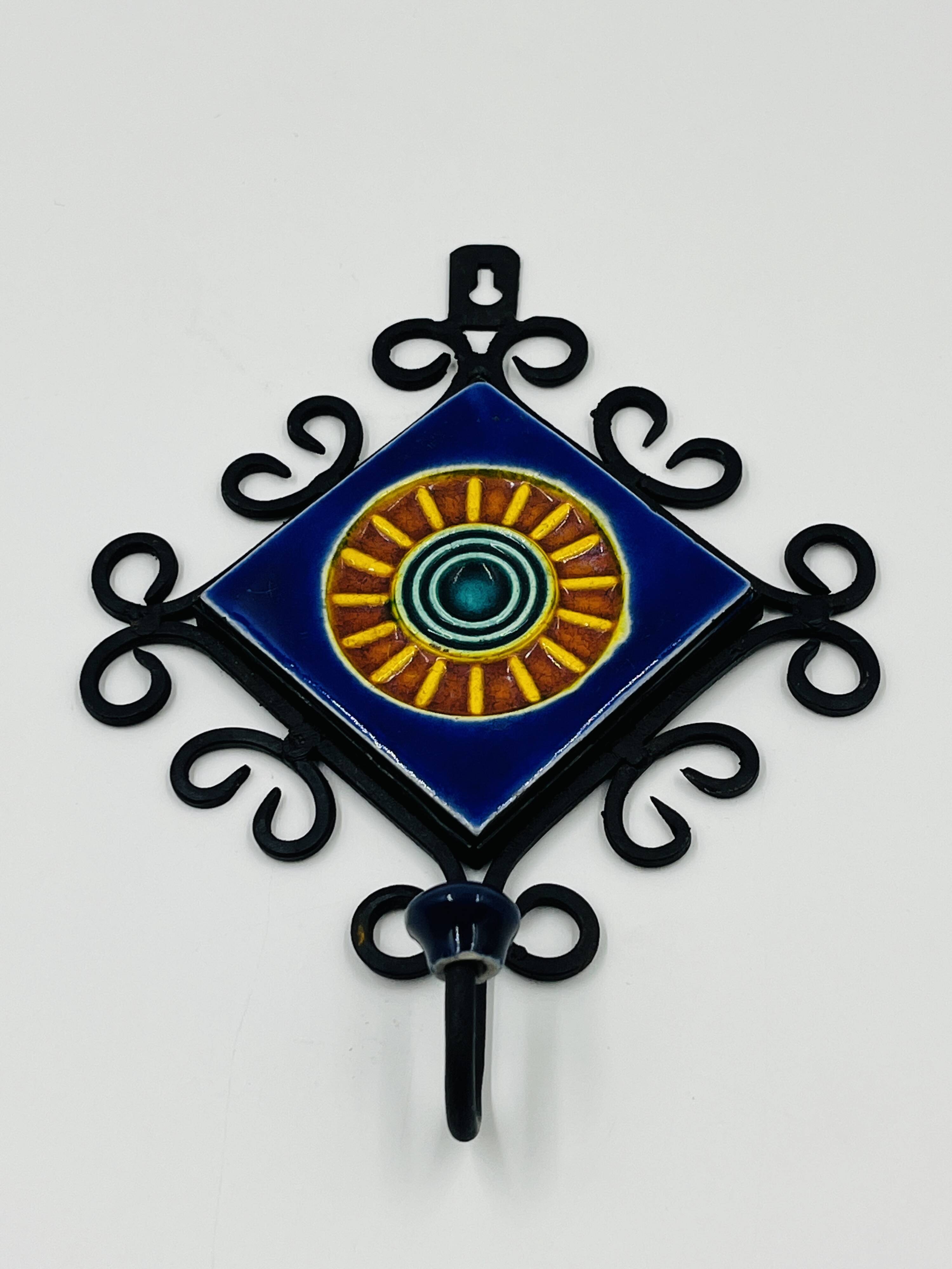 Brutalist Towel Holder Wrought Iron & Ceramic 1970