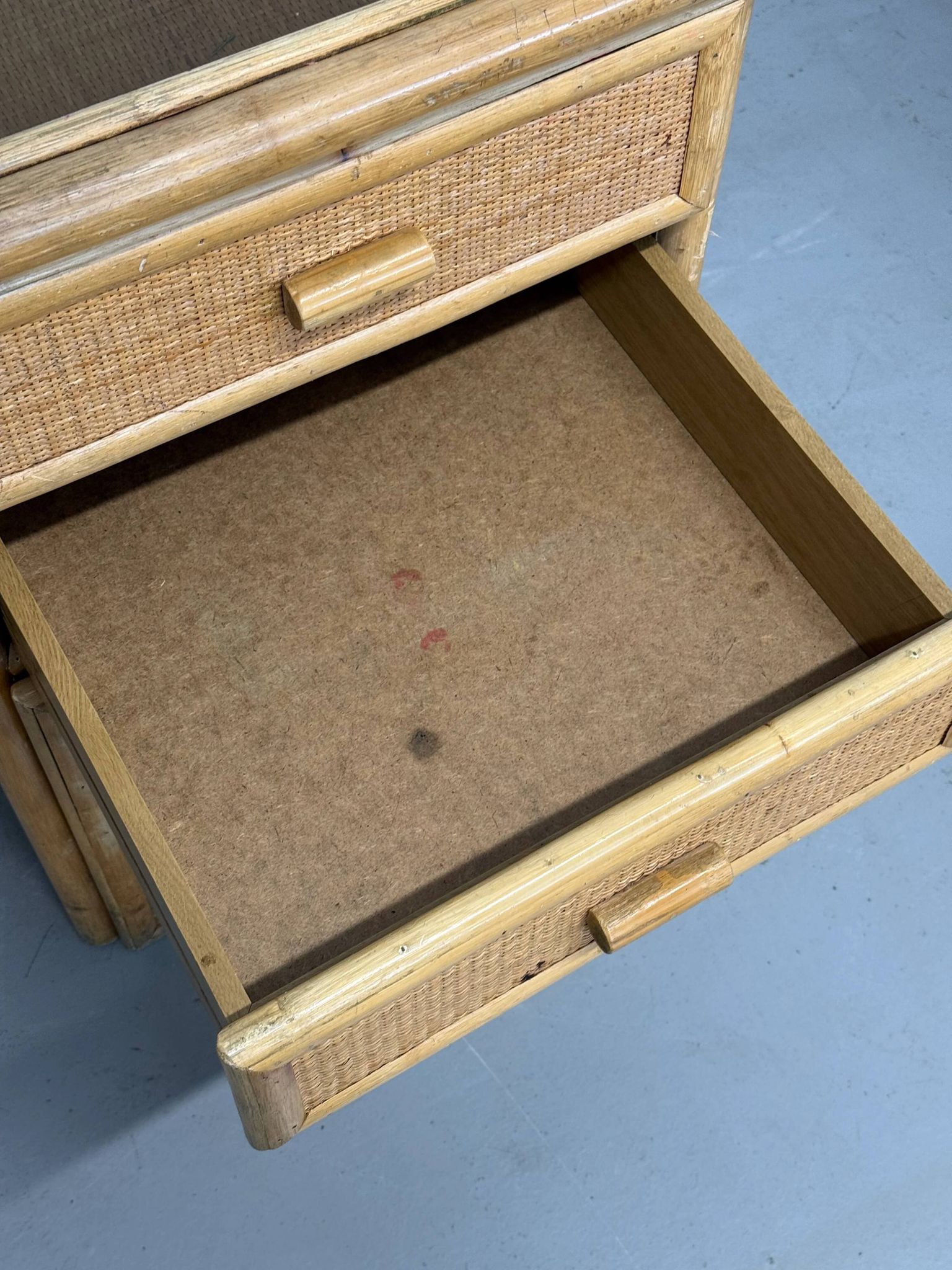 Vintage bamboo and woven rattan desk — glass top