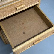 Vintage bamboo and woven rattan desk — glass top