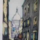 Etching Marcel Julien Baron signed, hand-colored print / Rue de Paris