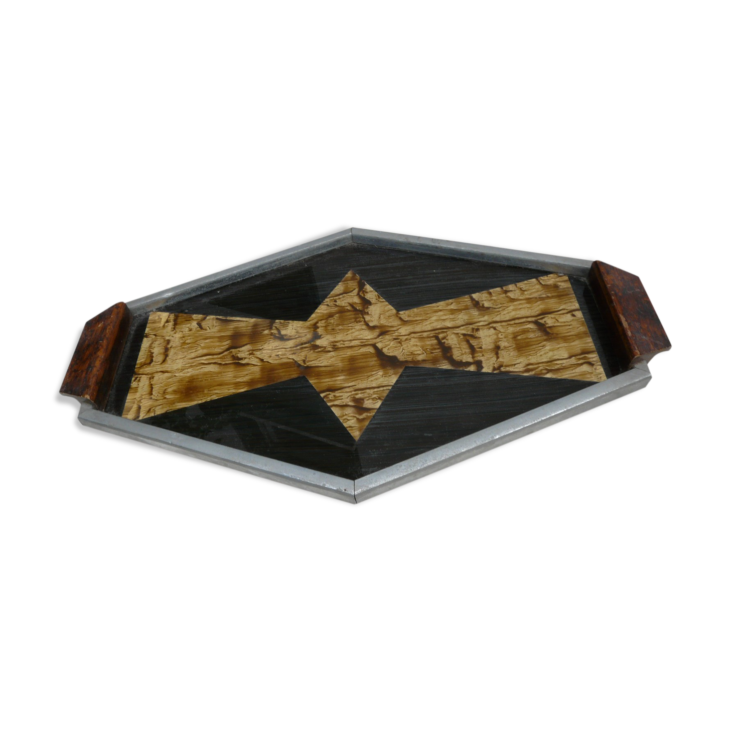 art deco metal mirror tray and fixed under glass