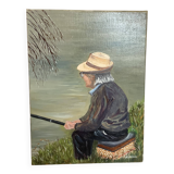 Tableau pêcheur à la ligne huile sur toile signée