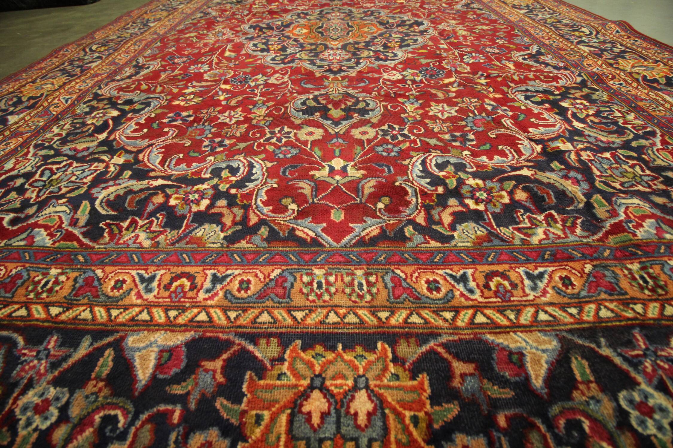 Vintage persian carpet handwoven red wool khorasan area rug- 338x243cm
