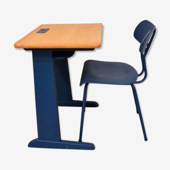 Bureau bois/bleu et chaise