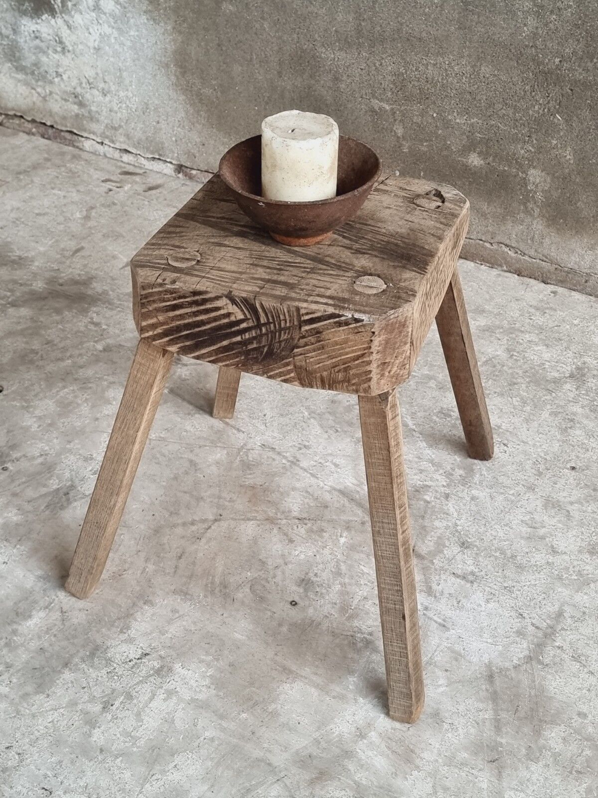 Antique stool rustic side table oak wood