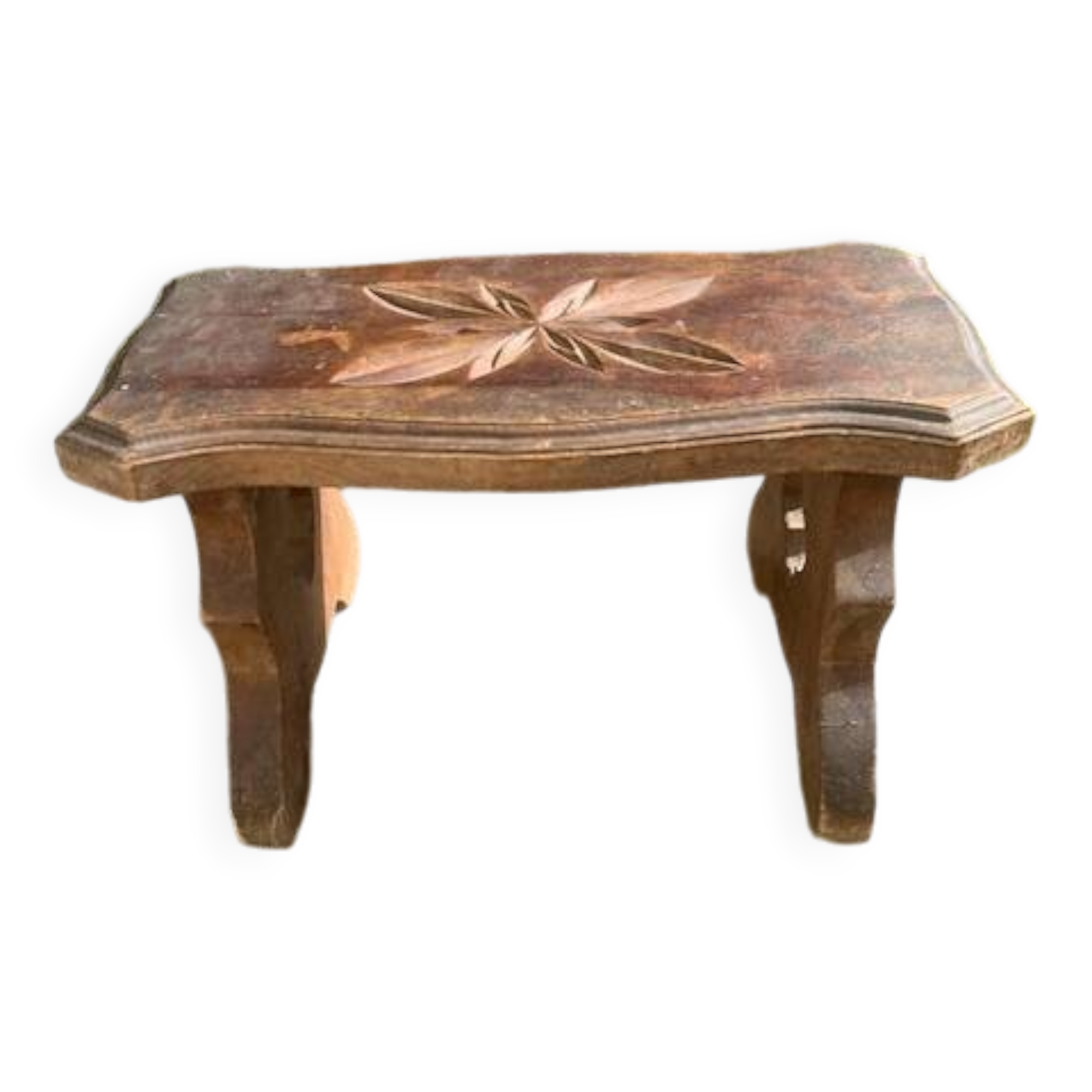 Bench in carved and varnished wood, mountain chalet decoration, old