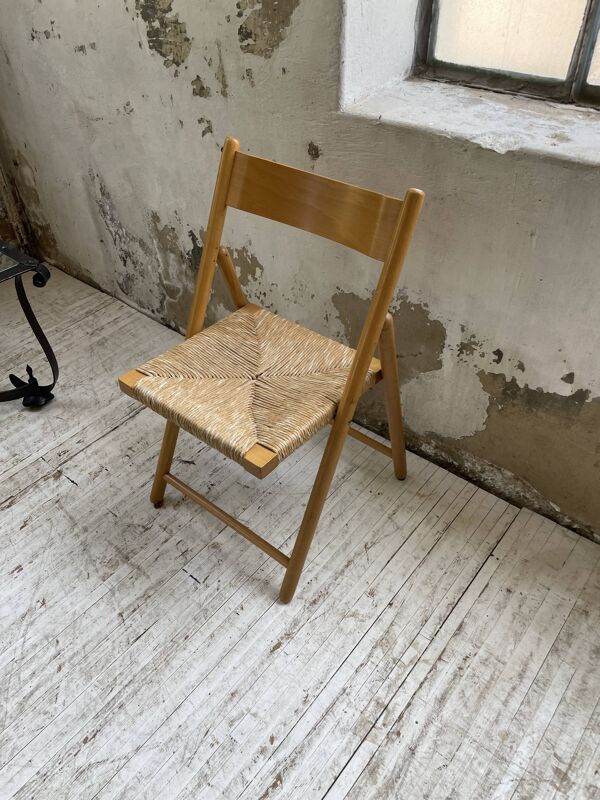 Chaise pliante hêtre et paille années 80