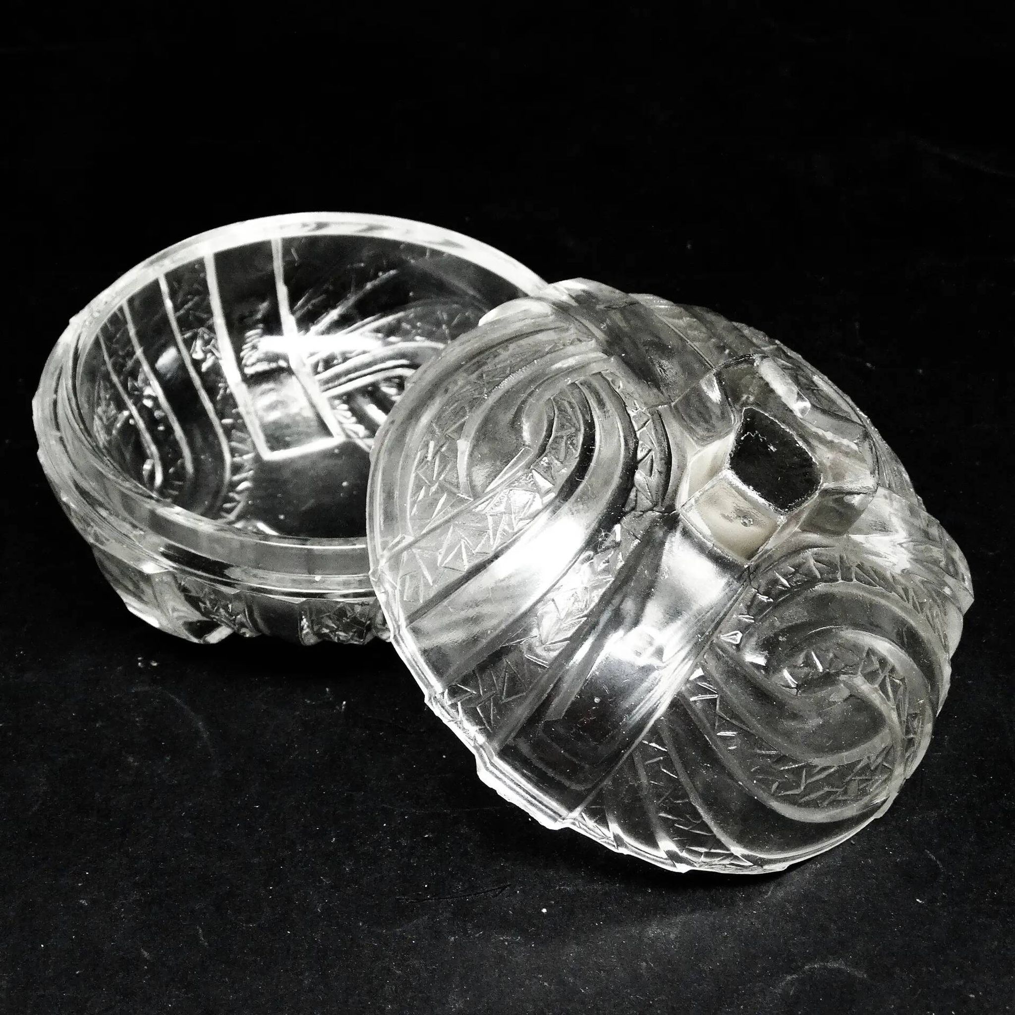 Art Deco bonbonniere, pressed glass, Hortensja Glassworks, Poland, 1950s