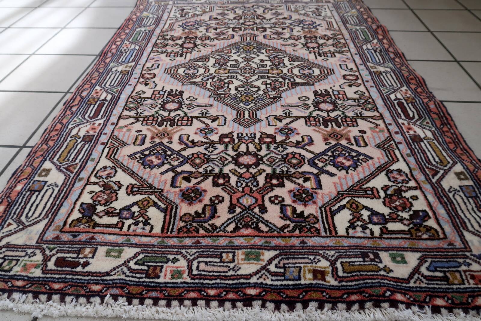 Tapis vintage Malayer fait main 84x120 cm en laine rose et vert - 1C1047