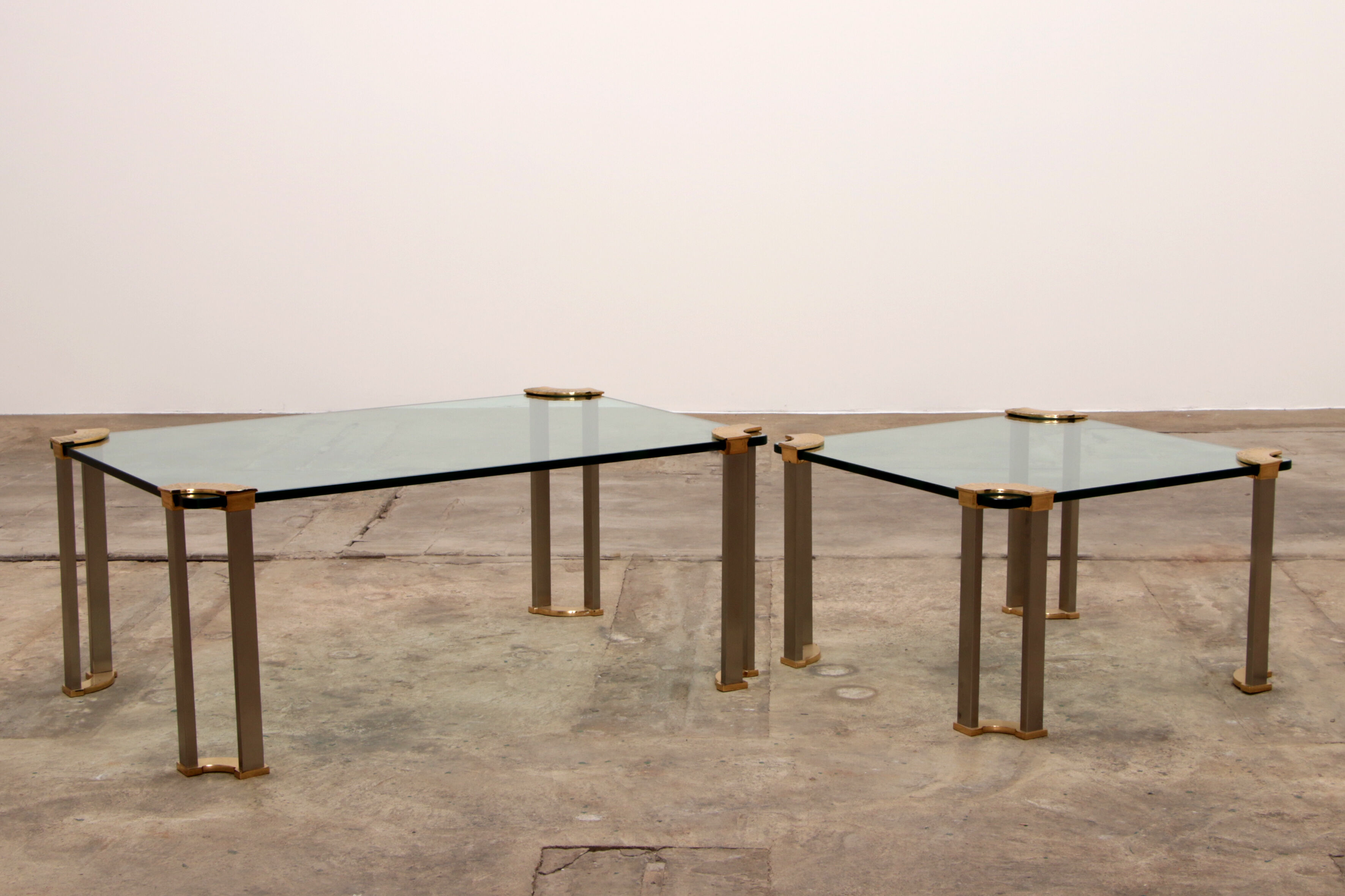 Hollywood regency gold glass coffee table with glass side table 1970