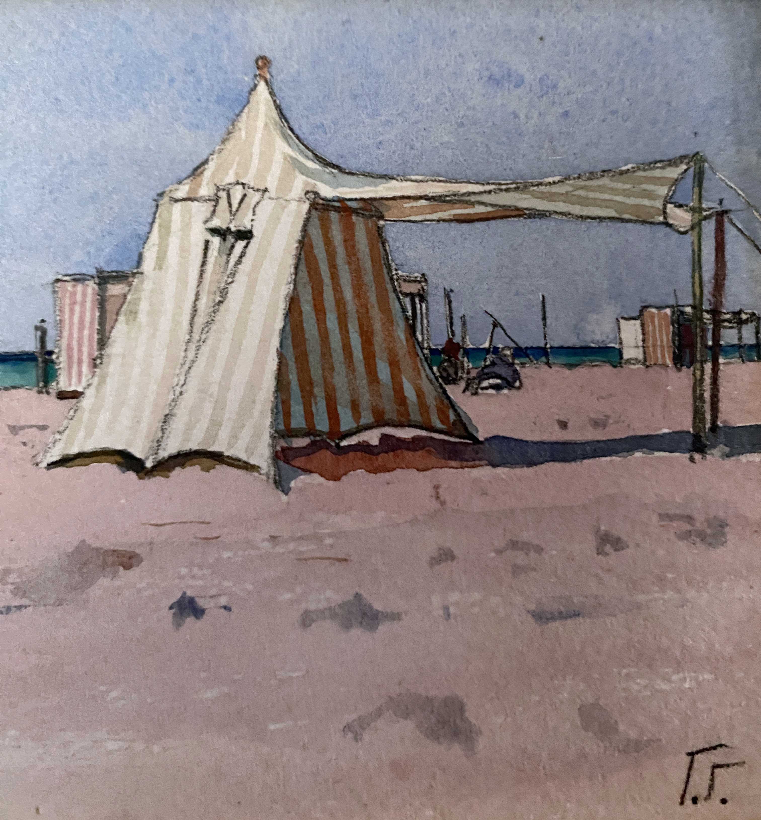Watercolor Painting Seaside Normandy Beach? monogram 1957