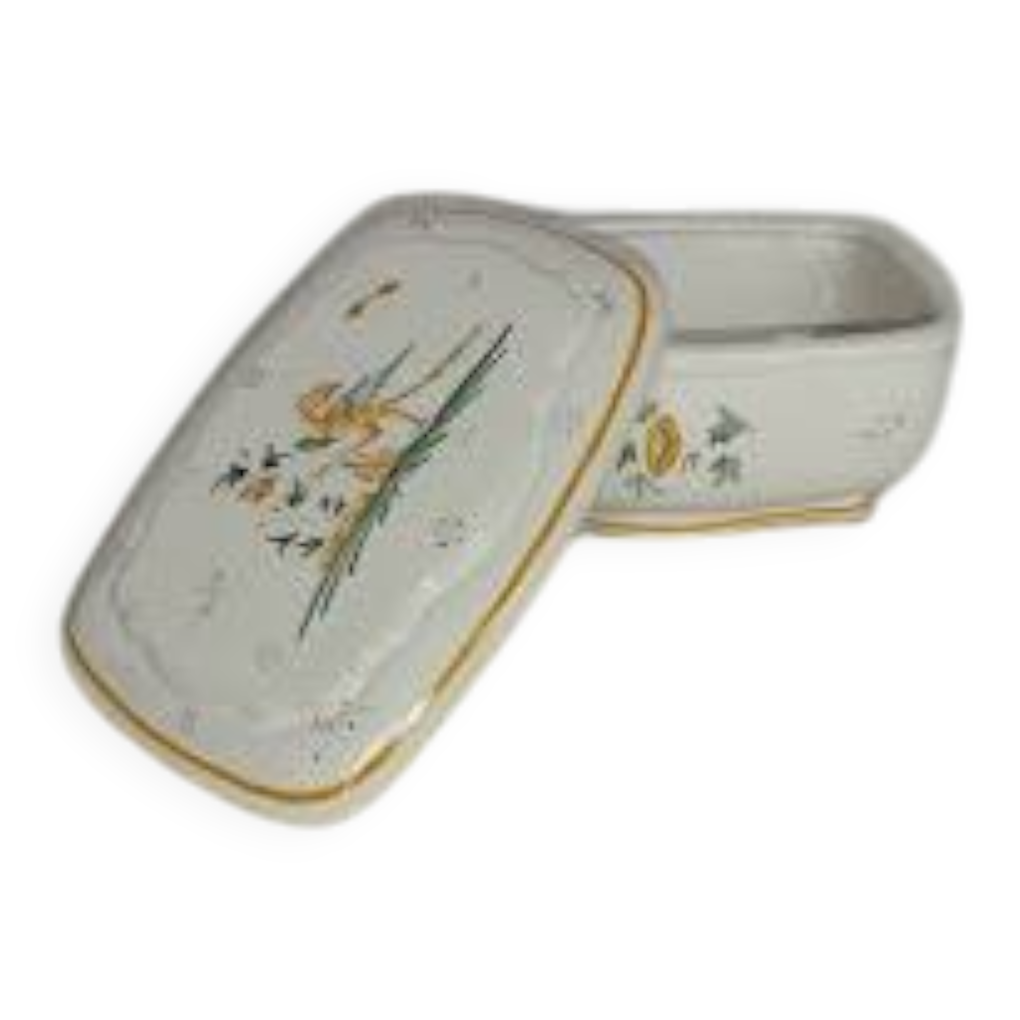 Antique butter dish in faience – Bird decoration – Late 19th / early 20th century
