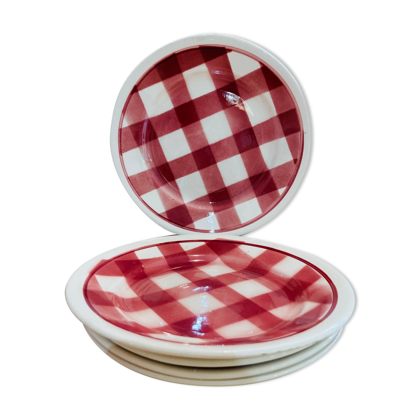 X5 small red checkered plates - Faiencerie new spirit -france-retro-vintage